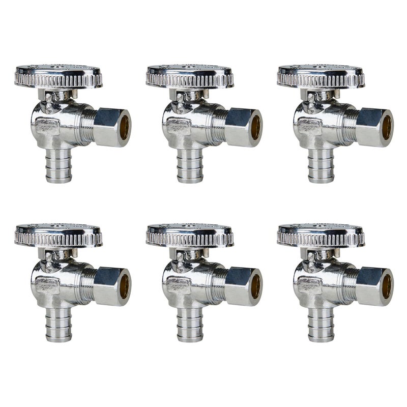 SUNGATOR 6-Pack Angle Stop Valve, 1/2" PEX x 3/8" OD Compression, Quarter Turn Chrome Plated, 1/2 inch Pex Shut Off Valves for Faucet and Toilet, UPC Certified - Image 1